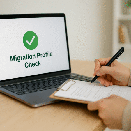 Digital migration profile check on laptop with form – Phase 1 of MyNewEurope.com process