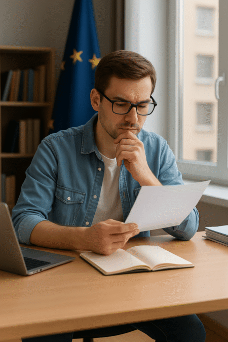 young European man reviewing migration documents at his desk, focused and thoughtful