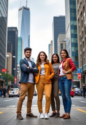 Young international professionals and students standing together in a modern European city